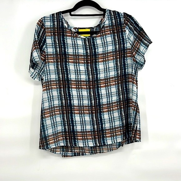 Anthropologie Anthro Maeve Plaid Drapes Slit Open Back Short Slv Blouse medium - Picture 2 of 8